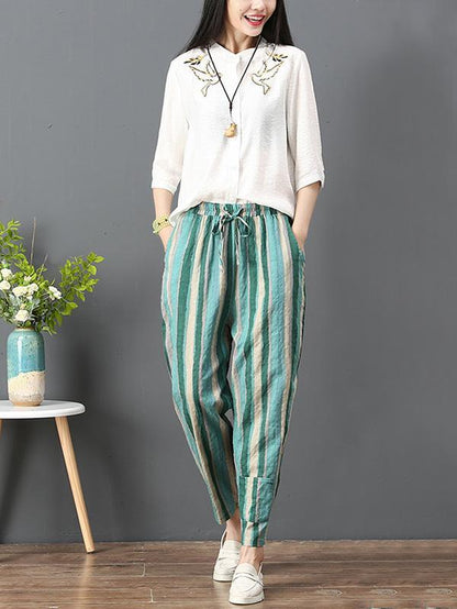 Loose Corlorful Stripe Lace-up Pants