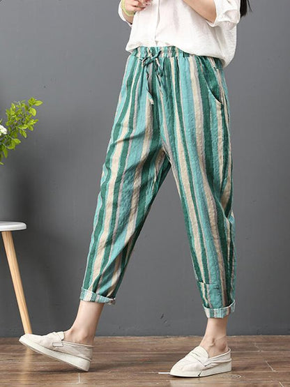 Loose Corlorful Stripe Lace-up Pants