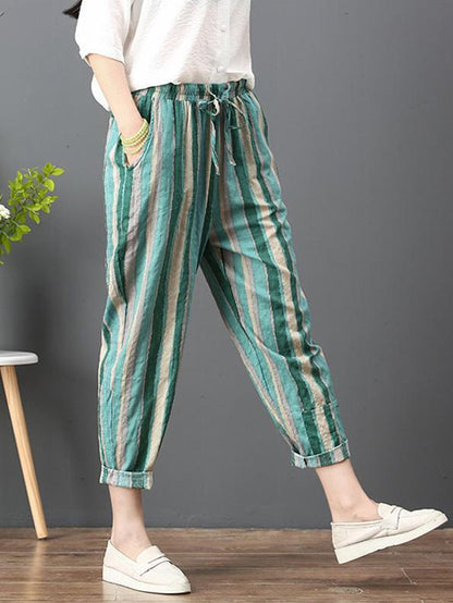 Loose Corlorful Stripe Lace-up Pants