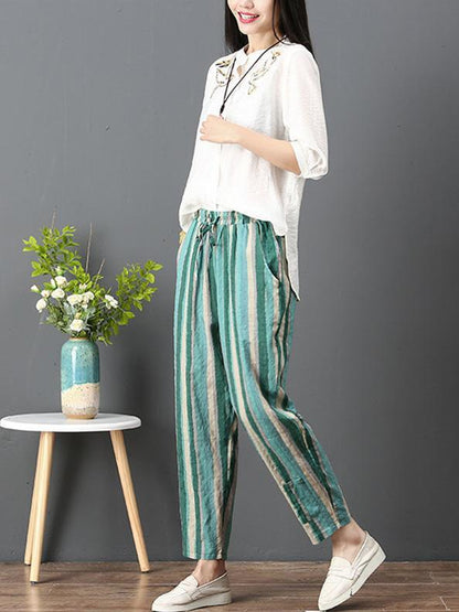 Loose Corlorful Stripe Lace-up Pants