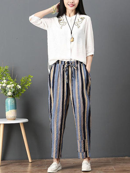 Loose Corlorful Stripe Lace-up Pants