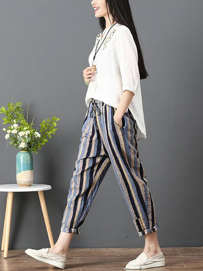 Loose Corlorful Stripe Lace-up Pants