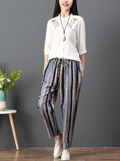 Loose Corlorful Stripe Lace-up Pants