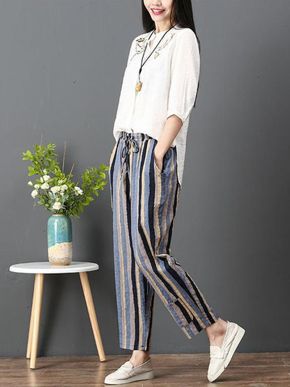 Loose Corlorful Stripe Lace-up Pants