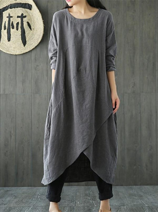 Simple Design Asymmetrical Linen Dress, Three Colors
