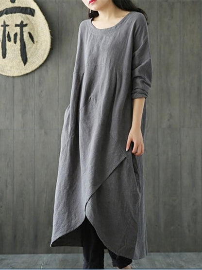 Simple Design Asymmetrical Linen Dress, Three Colors