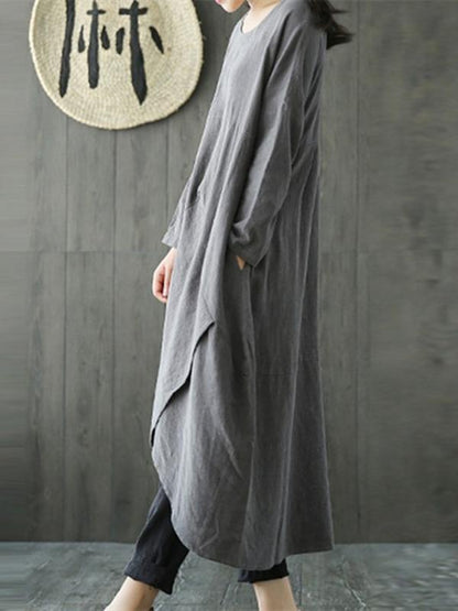 Simple Design Asymmetrical Linen Dress, Three Colors