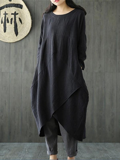 Simple Design Asymmetrical Linen Dress, Three Colors