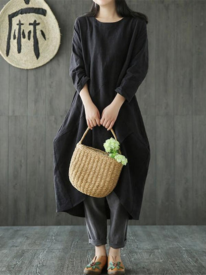 Simple Design Asymmetrical Linen Dress, Three Colors