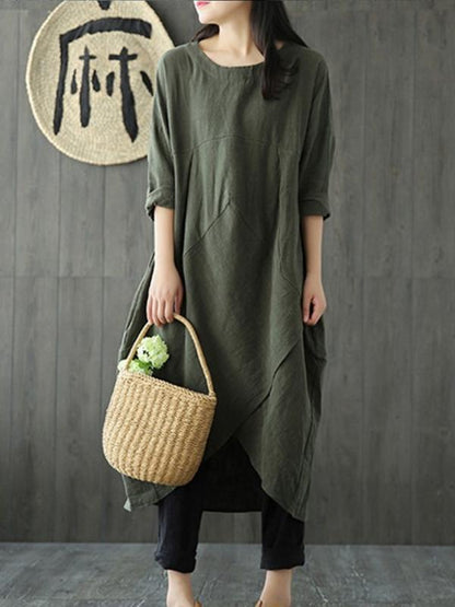 Simple Design Asymmetrical Linen Dress, Three Colors