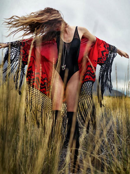 Printed Tasseled Kimonos Cover-ups Swimwear