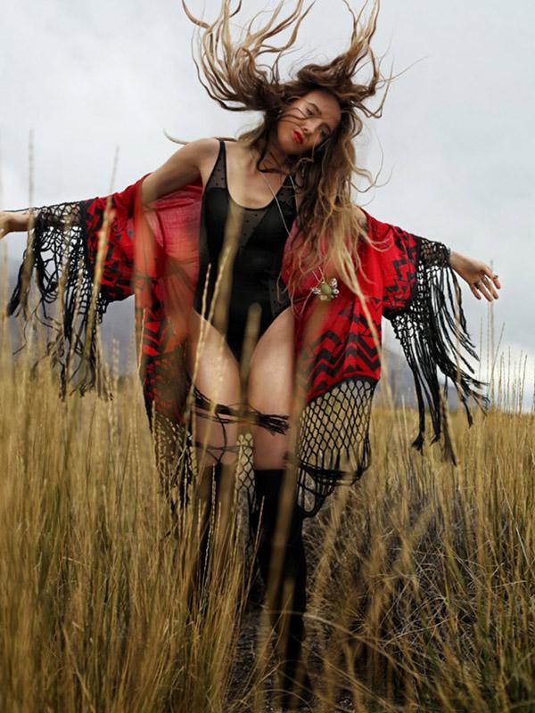 Printed Tasseled Kimonos Cover-ups Swimwear