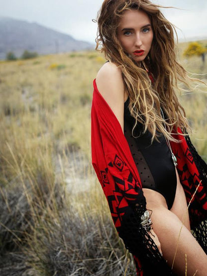 Kimono Style Original Polyester Swimwear in Red Color