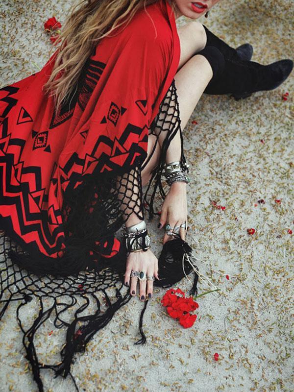 Printed Tasseled Kimonos Cover-ups Swimwear