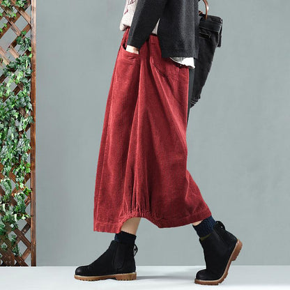 Elastic Waist Calf Length Winter Corduroy Skirt