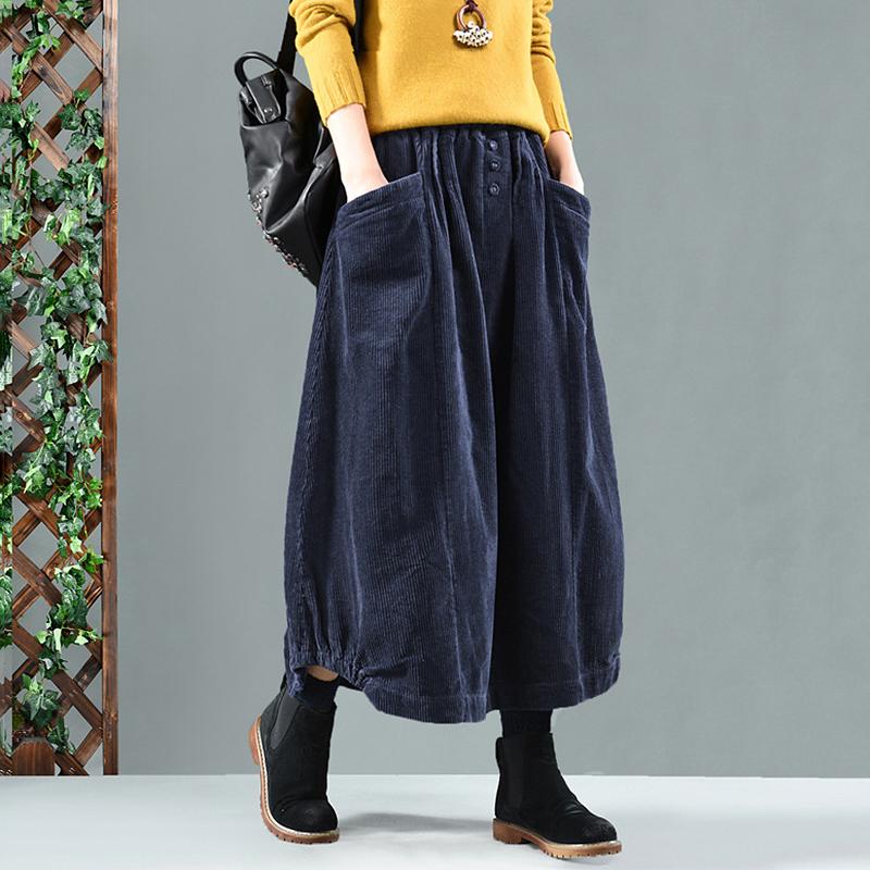 Elastic Waist Calf Length Winter Corduroy Skirt