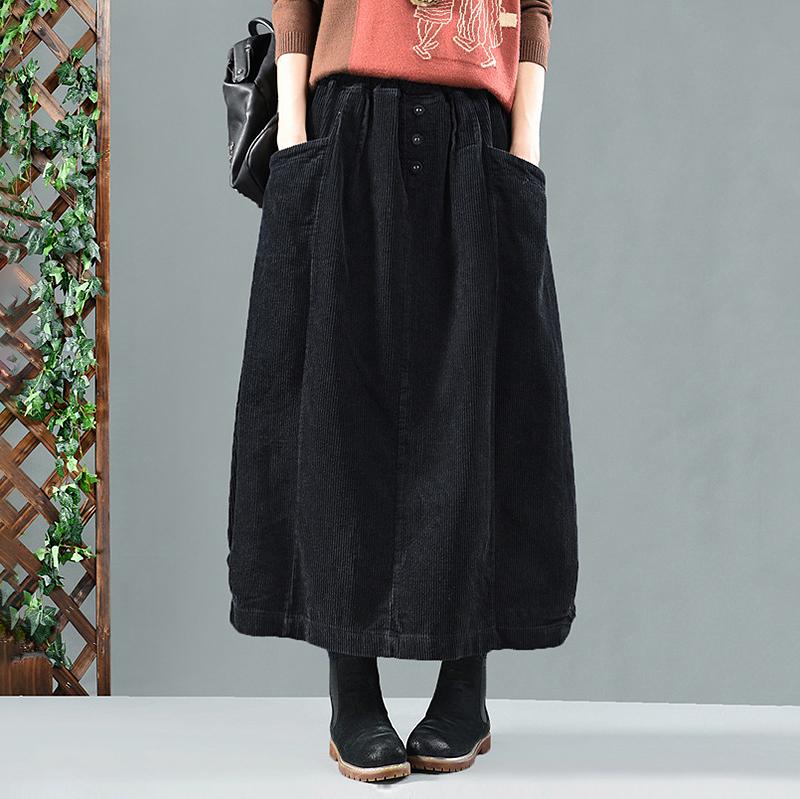 Elastic Waist Calf Length Winter Corduroy Skirt