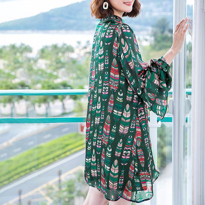 Ruffles Printing Lacing Loose Long Sleeve Mini Dress