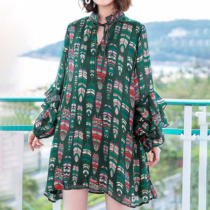 Ruffles Printing Lacing Loose Long Sleeve Mini Dress