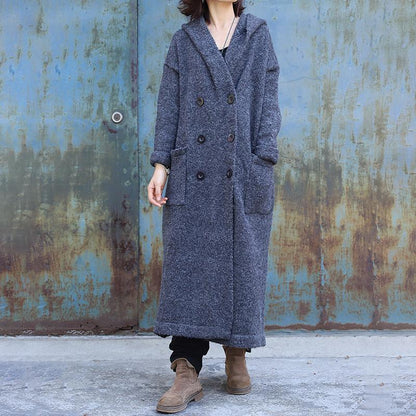 Plus Size - Double Breasted Pure Color Warm Overcoat