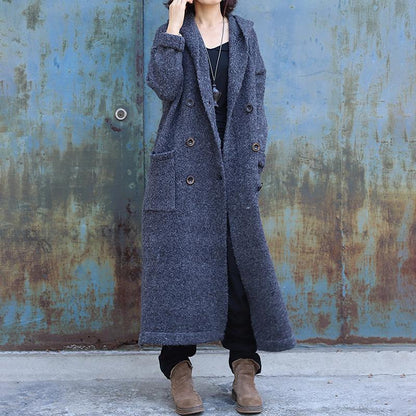 Plus Size - Double Breasted Pure Color Warm Overcoat