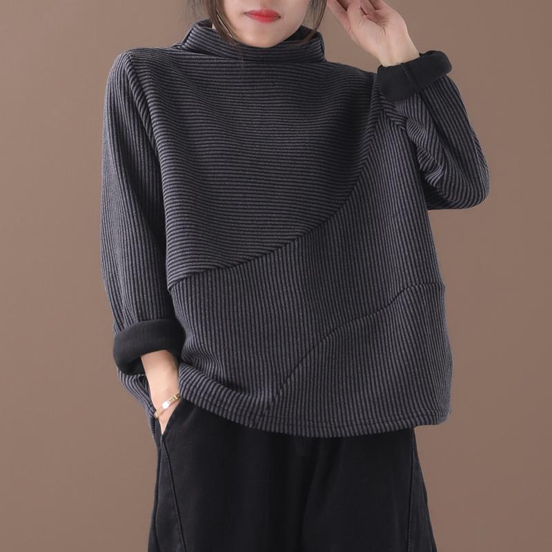 Plus Size - Casual Loose Striped Thermal Sweatshirt