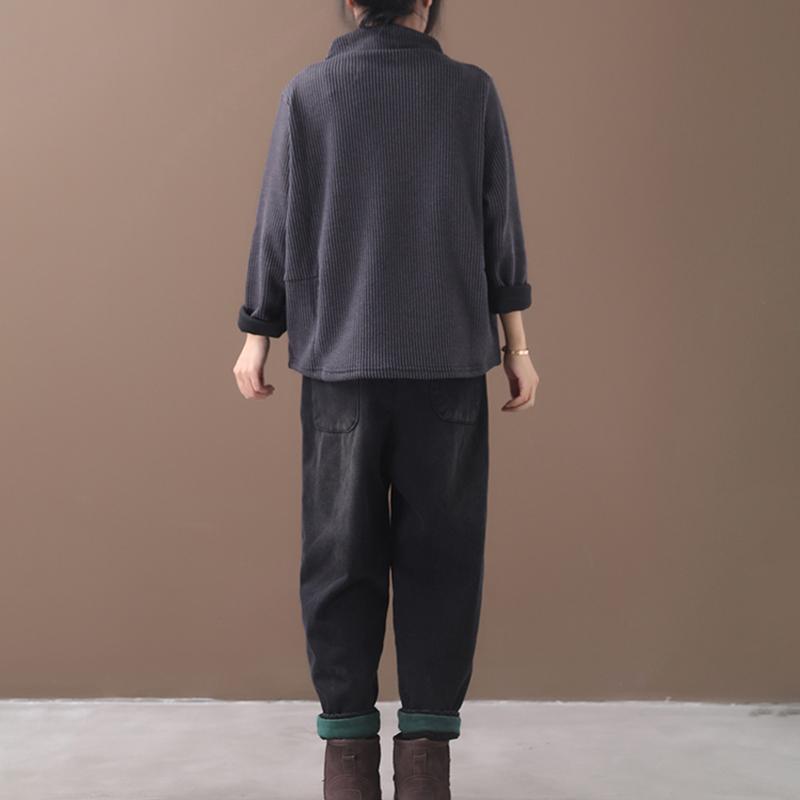 Plus Size - Casual Loose Striped Thermal Sweatshirt