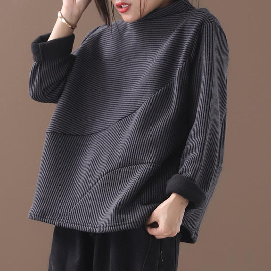 Plus Size - Casual Loose Striped Thermal Sweatshirt