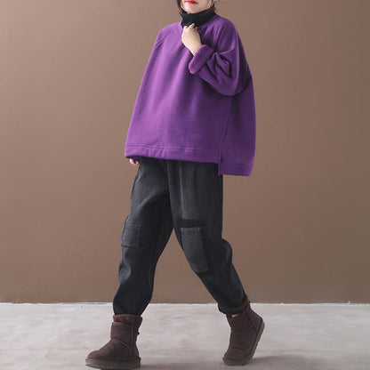 Plus Size - Casual Solid Color Turtleneck Sweatshirt