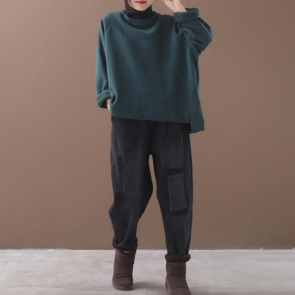 Plus Size - Casual Solid Color Turtleneck Sweatshirt