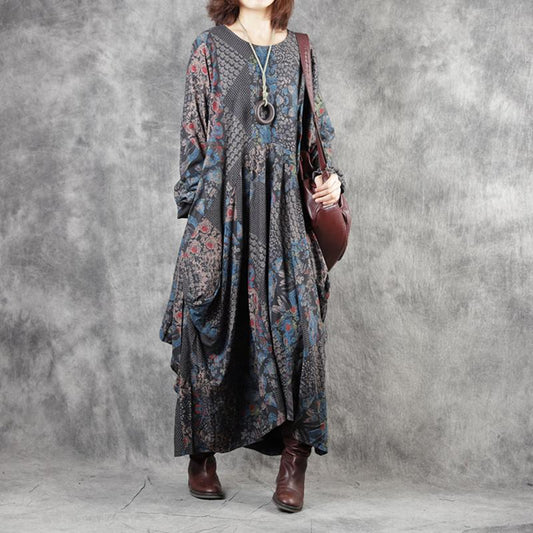 Winter Print Irregular Long Sleeve Dress