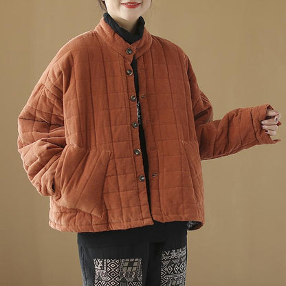 Plus Size - Winter Checks Casual Stand Collar Cotton-padded Coat