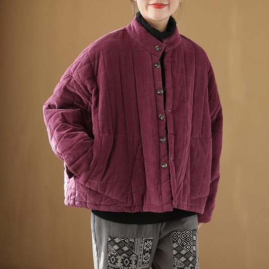 Plus Size - Winter Checks Casual Stand Collar Cotton-padded Coat