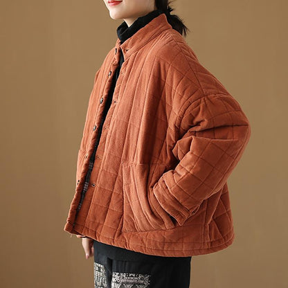 Plus Size - Winter Checks Casual Stand Collar Cotton-padded Coat