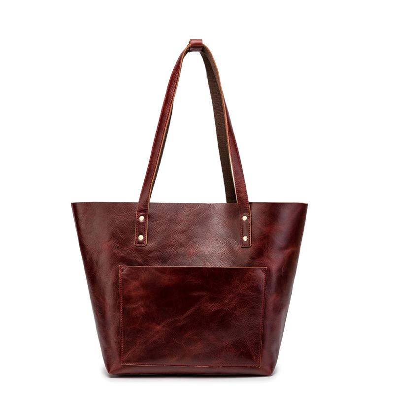 Simple Solid Color Leather Tote Bag - Brown