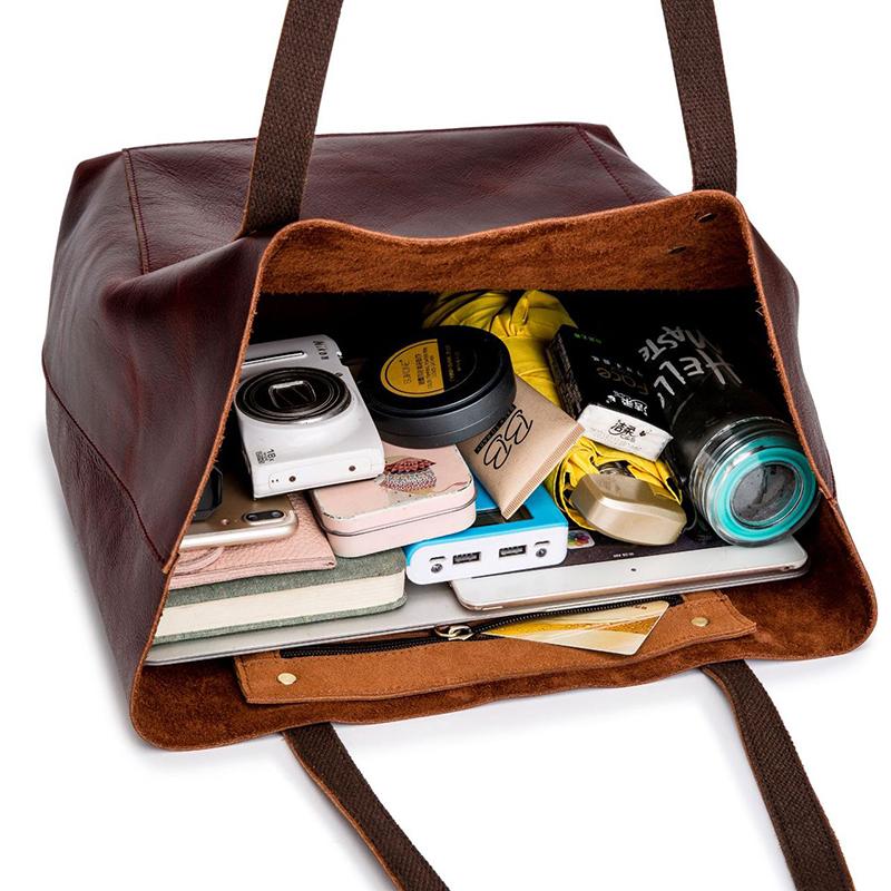 Simple Solid Color Leather Tote Bag - Brown