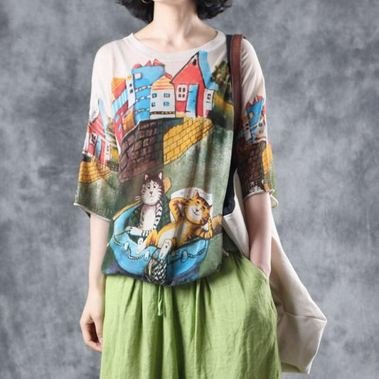 2019 New Literary Irregular Three Quarter Sleeve Knitted Sweater