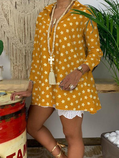 Lapel Star Printed Casual Blouses&Shirts Tops
