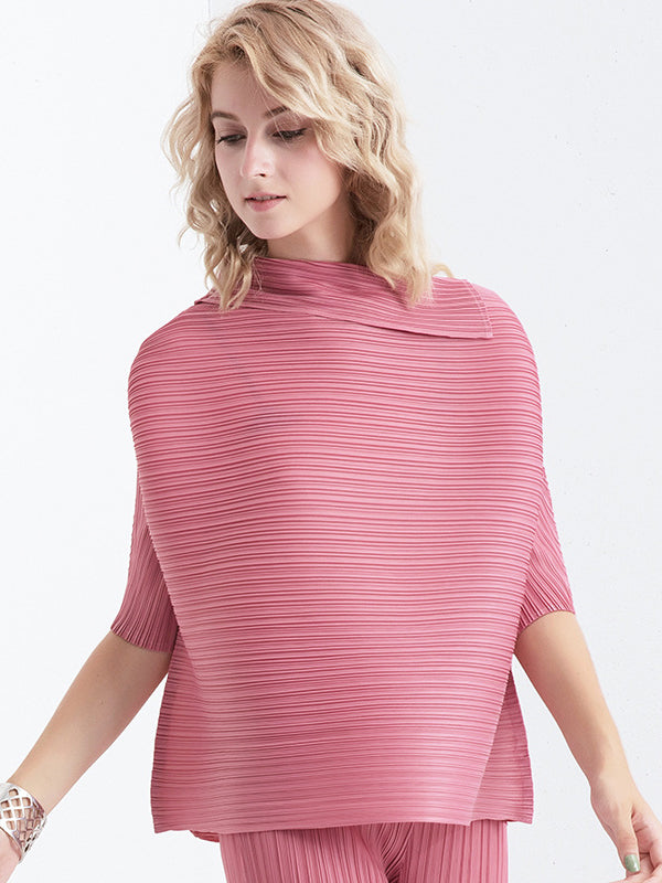 Original Pleated Solid Color Lapel Collar T-Shirt Top