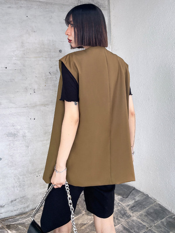 Urban Irregular Solid Color Buttoned Round-Neck Sleeveless Vest Outwear