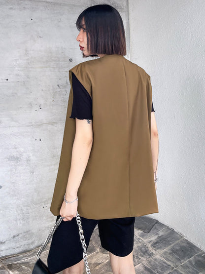 Urban Irregular Solid Color Buttoned Round-Neck Sleeveless Vest Outwear