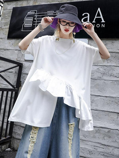 Loose Split-side Falbala T-shirt