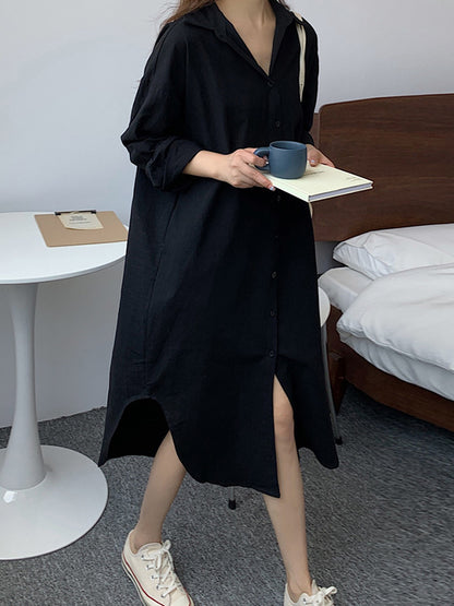 Simple Loose Casual Solid Color Buttoned Split-Side Lapel Collar Long Sleeves Midi Shirt Dress