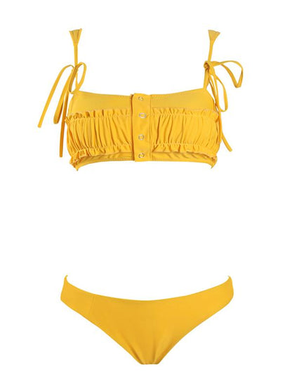 Ruched Plain Yellow Bikini Swimsuit