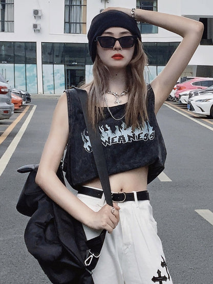 Loose Cool Street Hip-Hop Stylish Letter Printed Round-Neck Sleeveless Vest Top