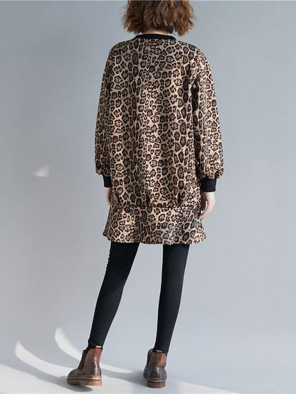 Loose Leopard Falbala Round-neck Short Dress