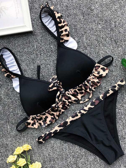 Lace Up Falbala Bikinis Swimwear
