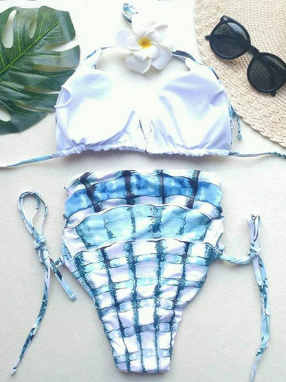 Shell Print High Waisted Lattice Bikini Swimsuit
