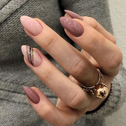 Almond oblique golden thread lotus root pink color PRESS ON NAILS