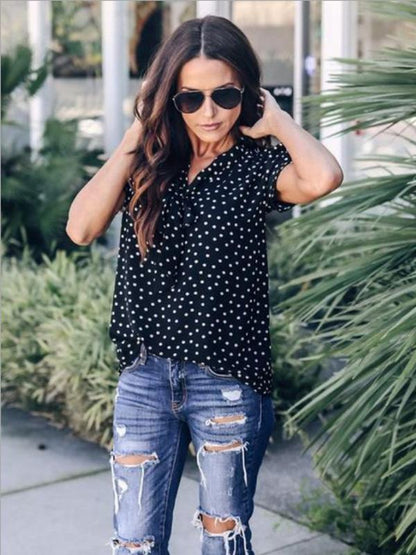 Polka Dot Loose Chiffon V neck Short Sleeve T-shirt